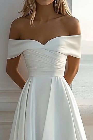 Off The Shoulder A Line Ivory Satin Wedding Dress With Slit